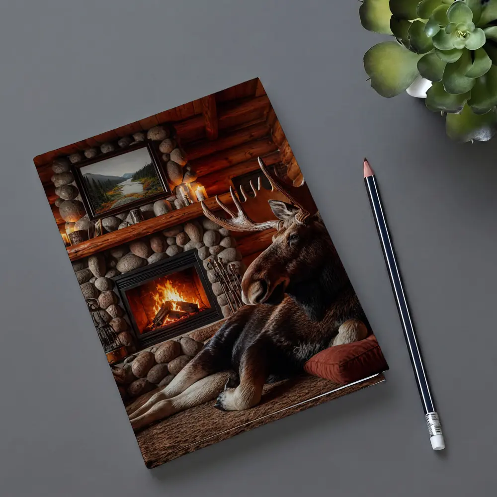 Moose Resting By Stone Fireplace Cabin – Notebooks