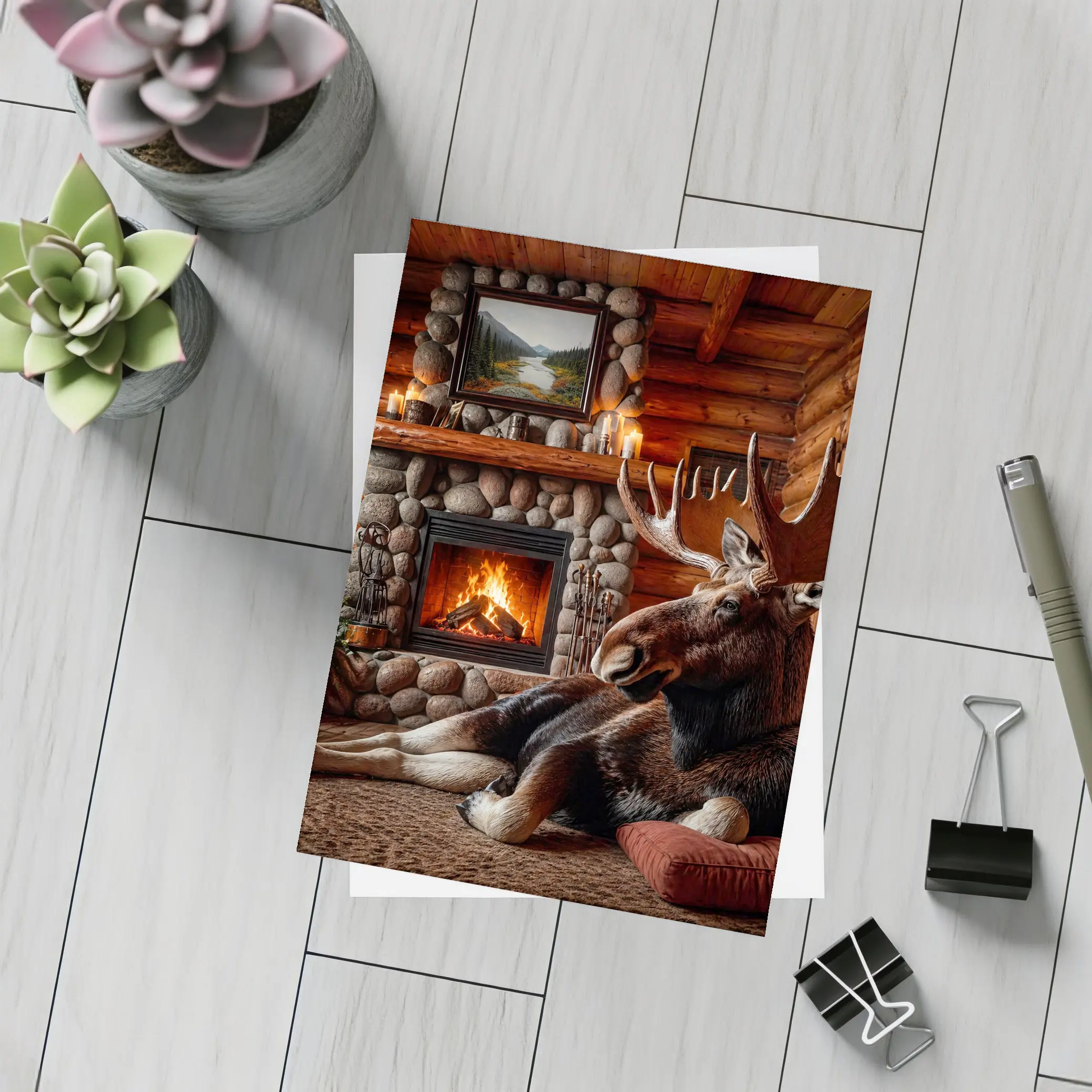 Moose Resting By Stone Fireplace Cabin – Postcards
