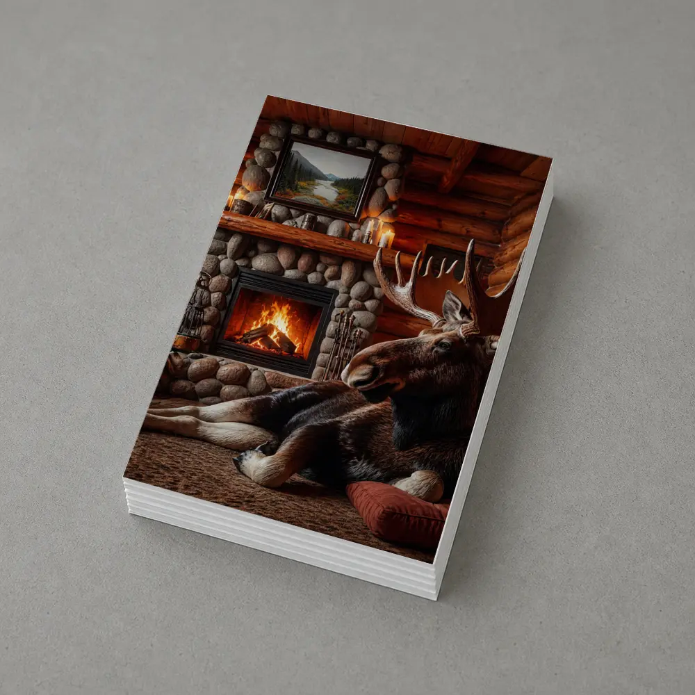 Moose Resting By Stone Fireplace Cabin – Postcards