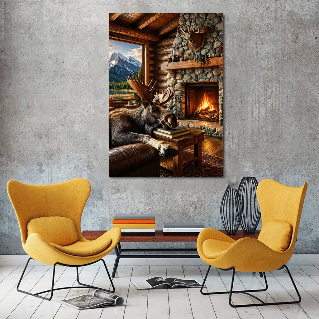 Moose Relaxing By Cozy Cabin Fireplace – Wall Art