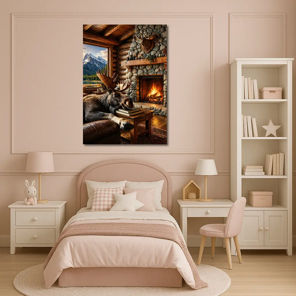 Moose Relaxing By Cozy Cabin Fireplace – Wall Art