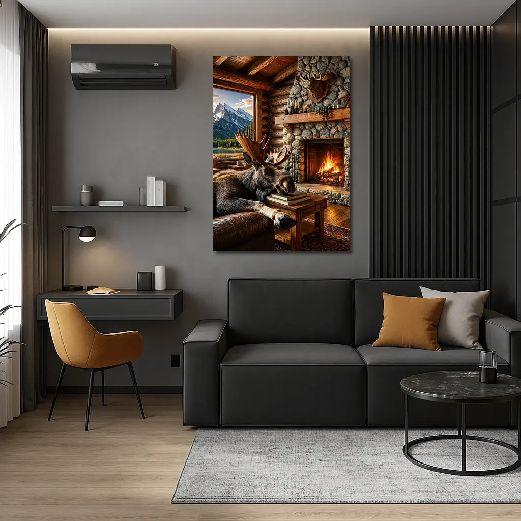 Moose Relaxing By Cozy Cabin Fireplace – Wall Art