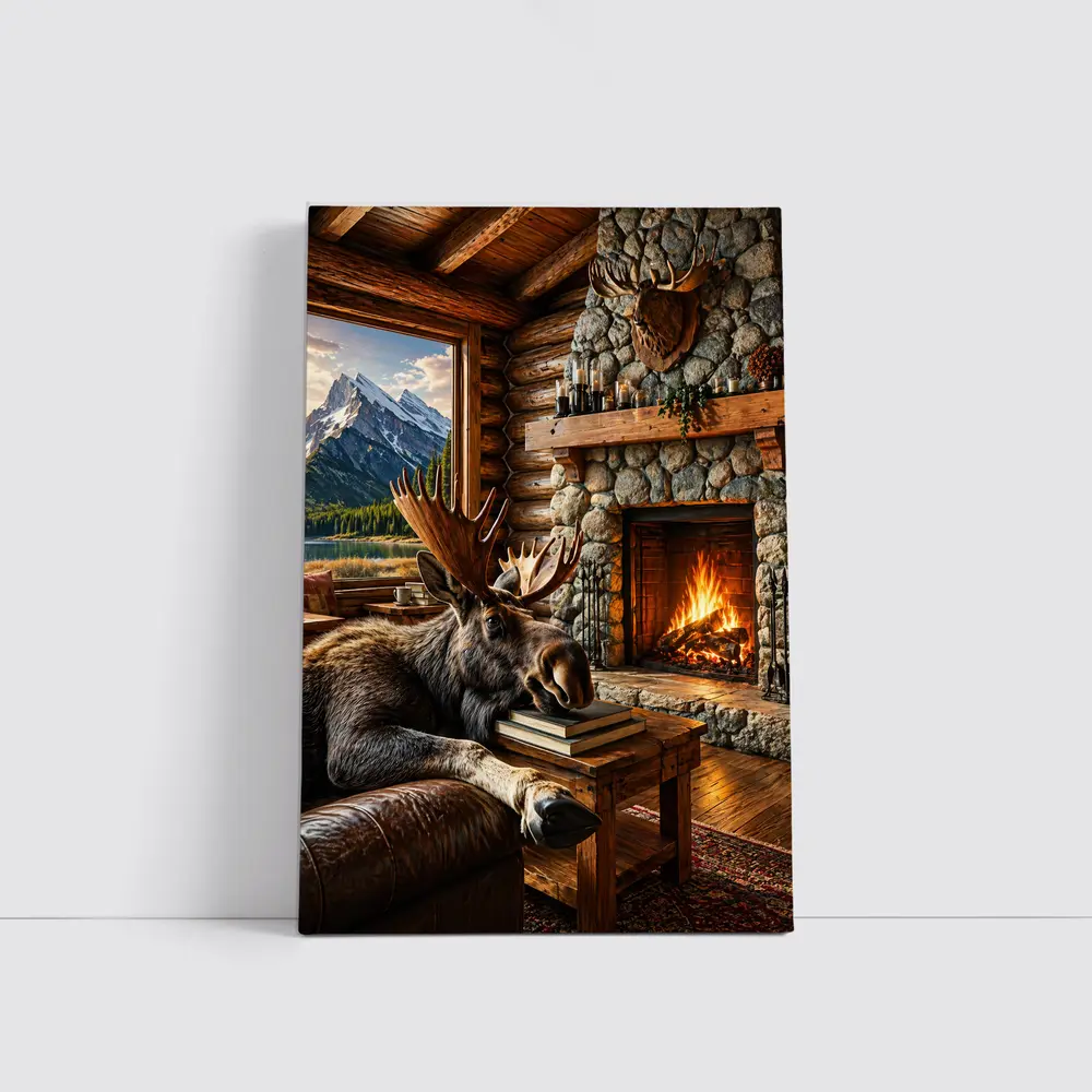 Moose Relaxing By Cozy Cabin Fireplace – Wall Art