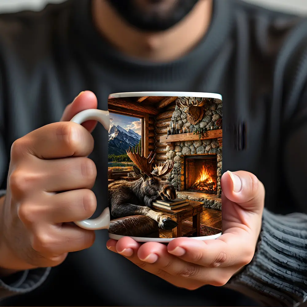 Moose Relaxing By Cozy Cabin Fireplace – Mugs