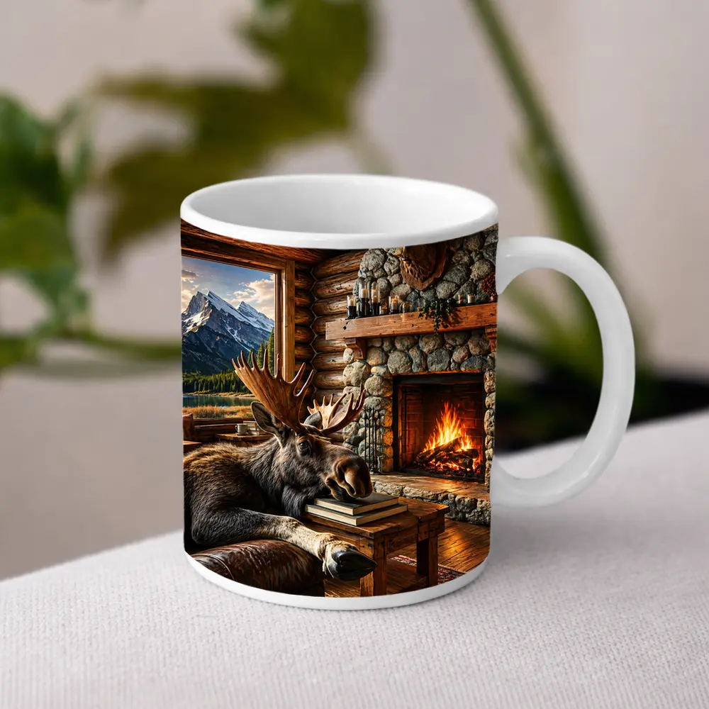 Moose Relaxing By Cozy Cabin Fireplace – Mugs