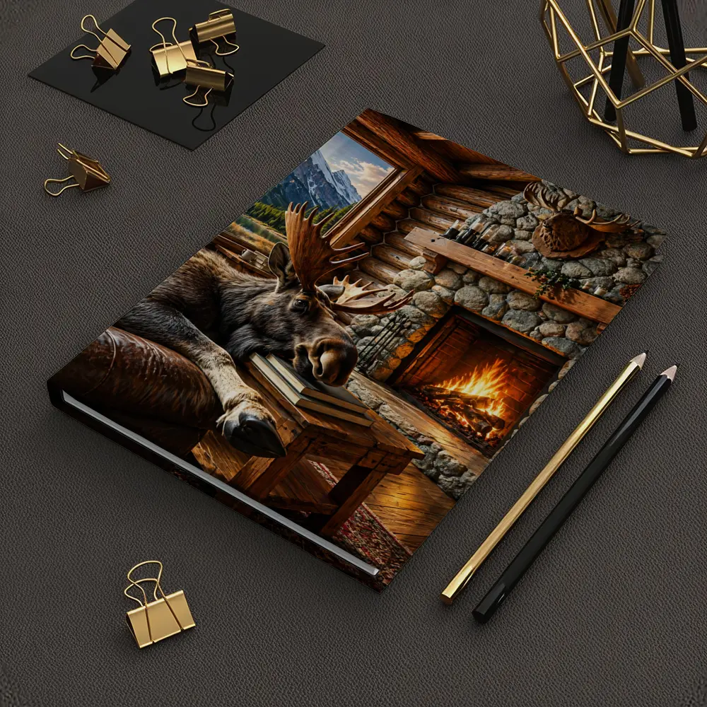 Moose Relaxing By Cozy Cabin Fireplace – Notebooks