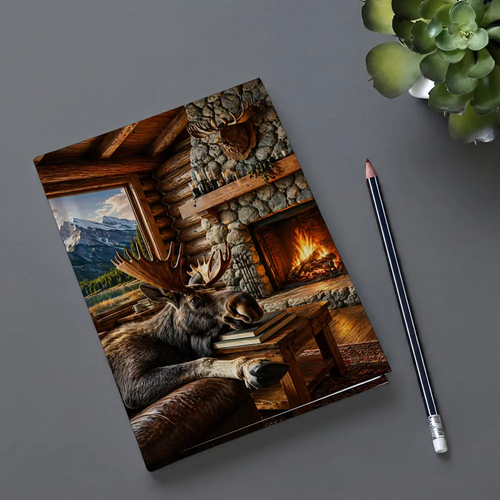 Moose Relaxing By Cozy Cabin Fireplace – Notebooks