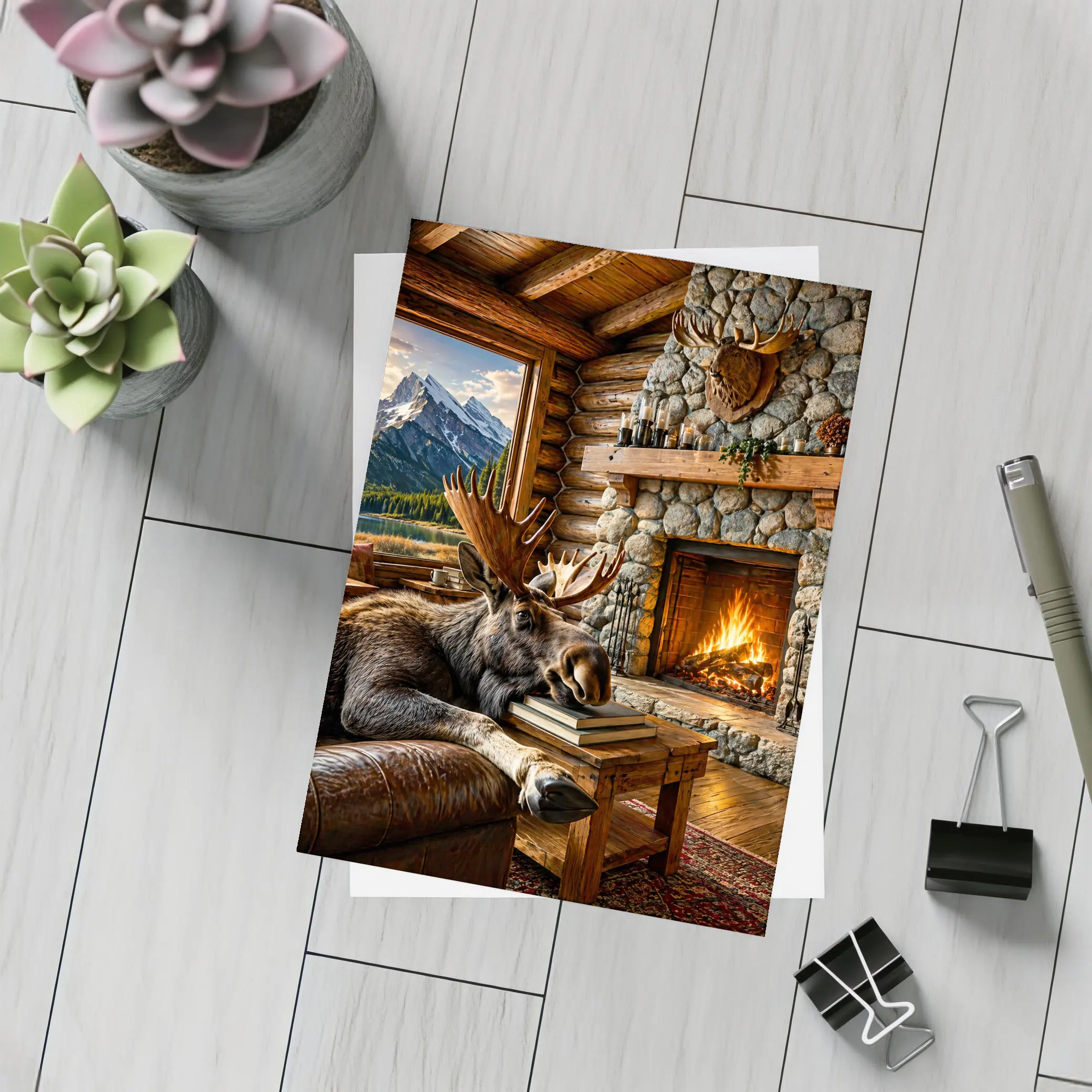 Moose Relaxing By Cozy Cabin Fireplace – Postcards