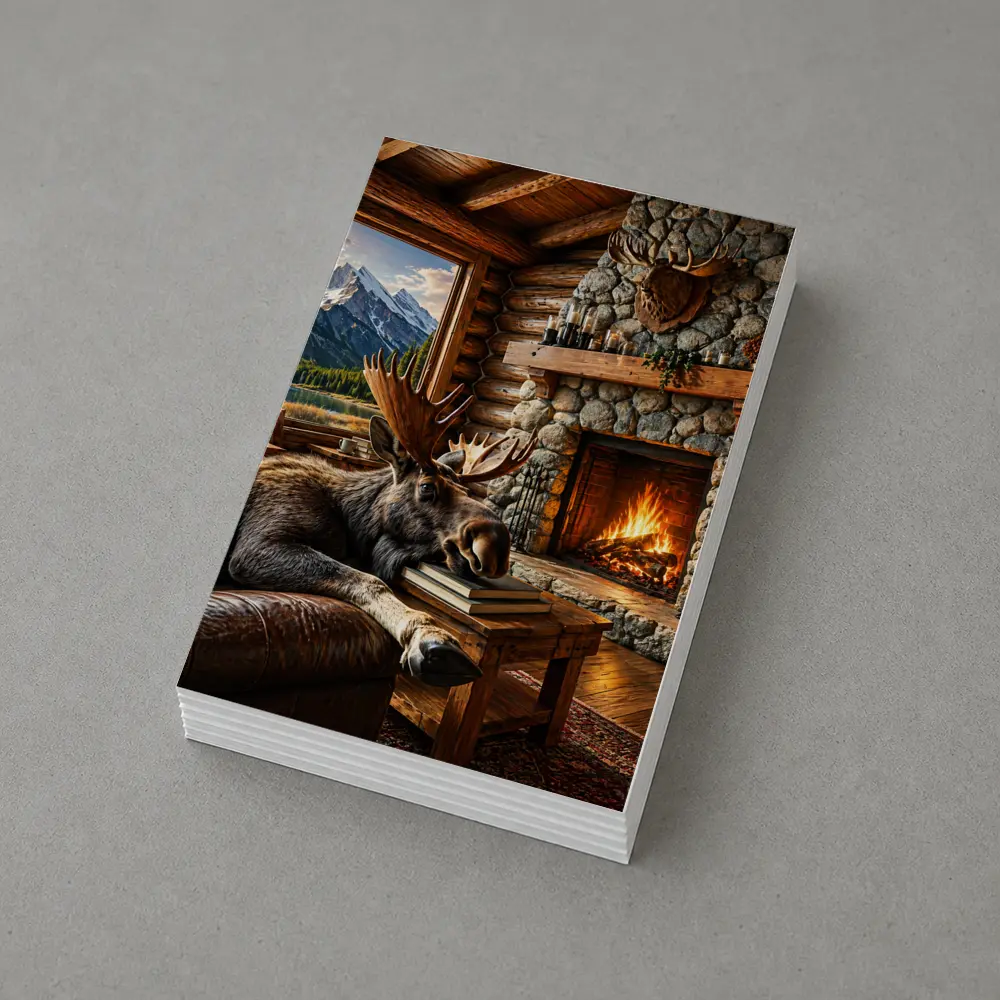 Moose Relaxing By Cozy Cabin Fireplace – Postcards