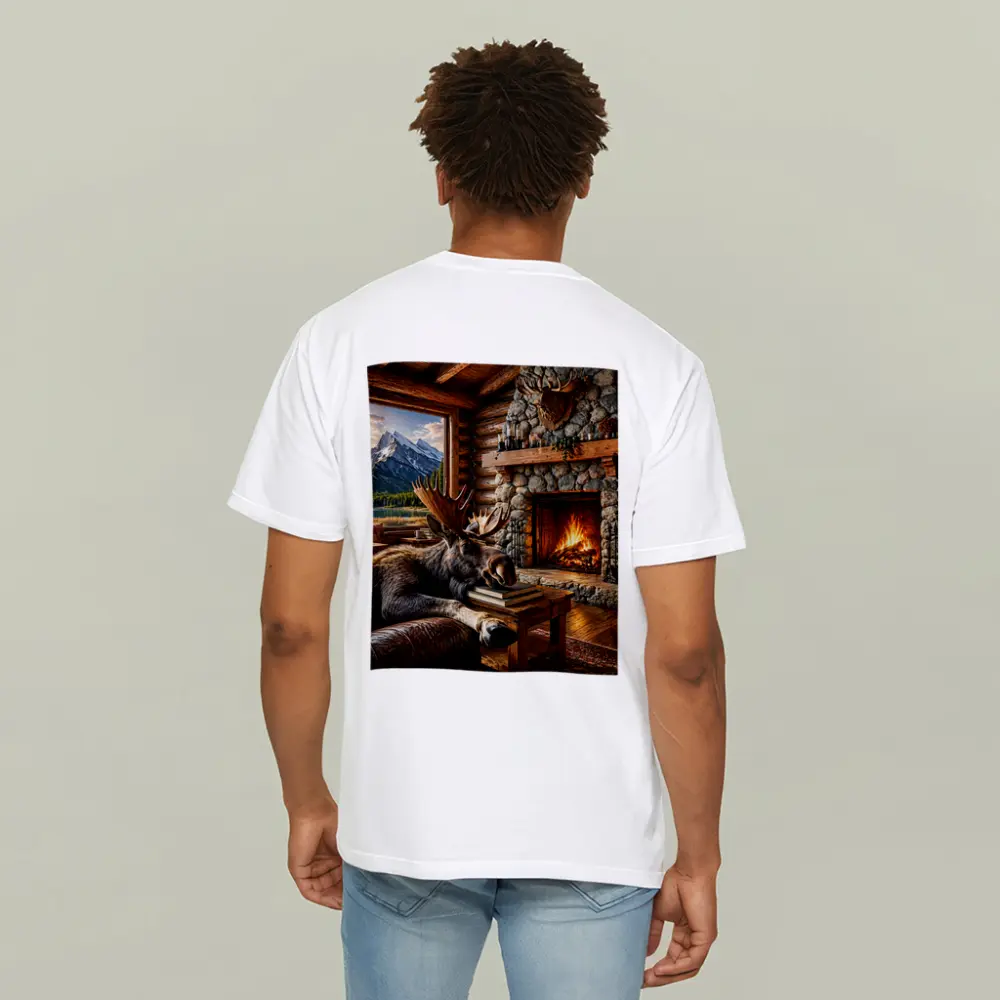 Moose Relaxing By Cozy Cabin Fireplace – T-Shirts