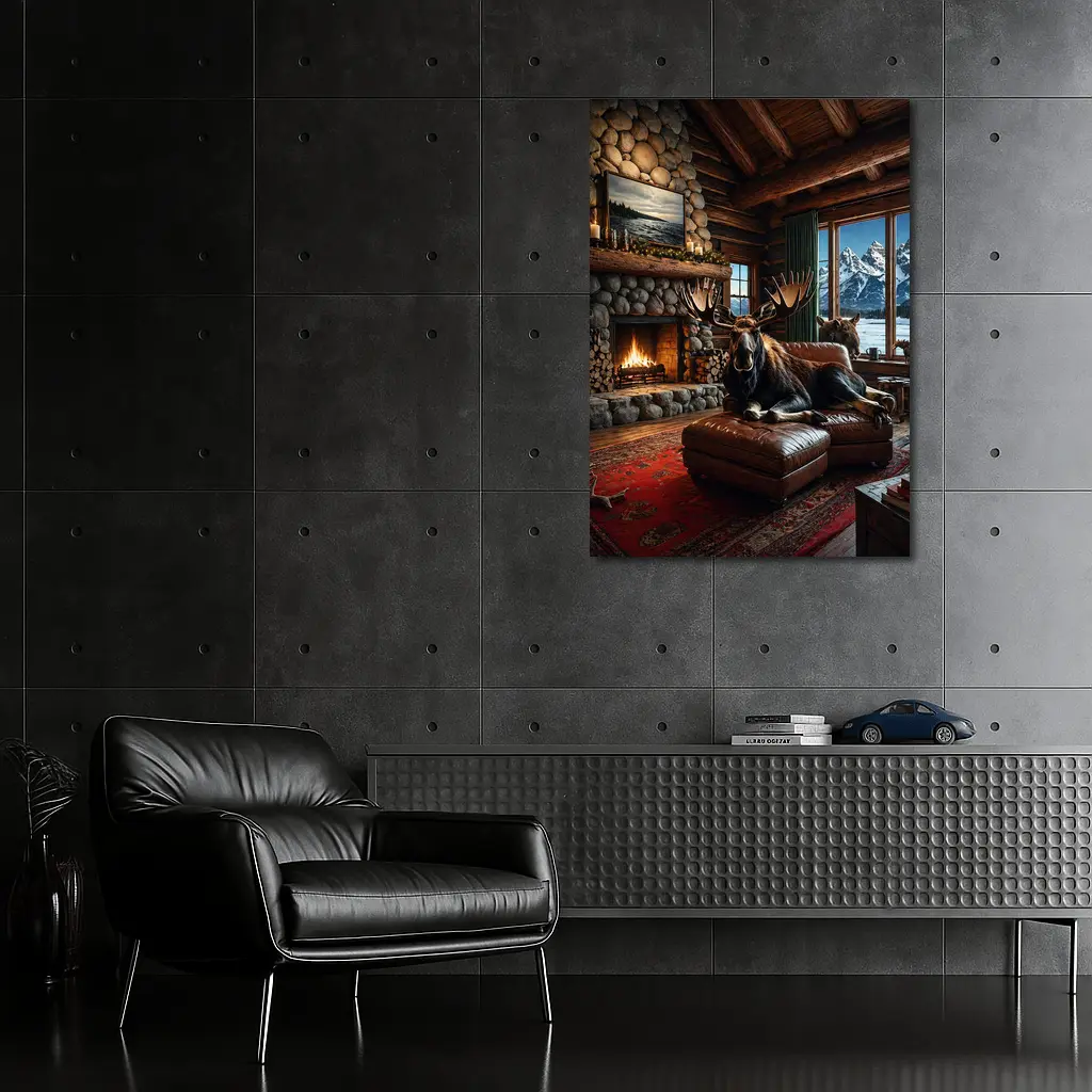 Moose Relaxing By Stone Fireplace Mountain Cabin – Wall Art