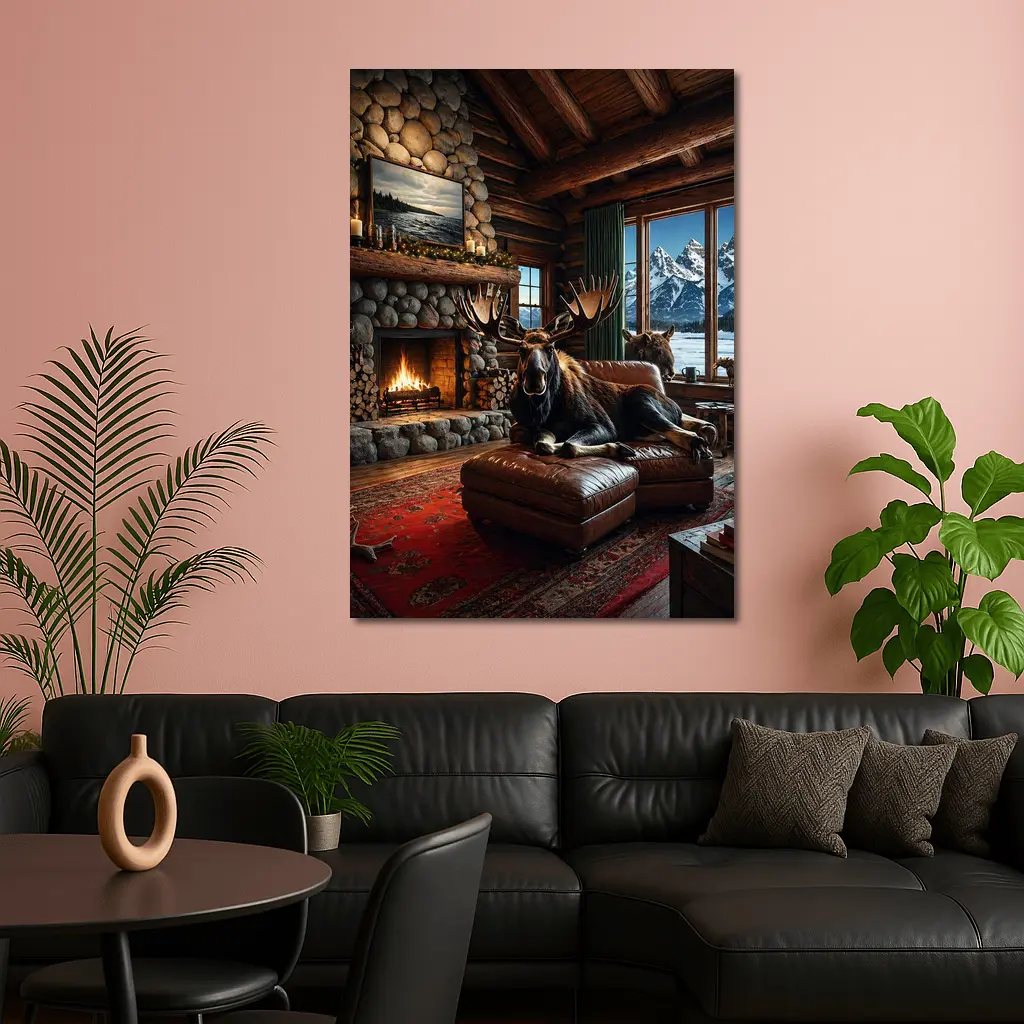 Moose Relaxing By Stone Fireplace Mountain Cabin – Wall Art