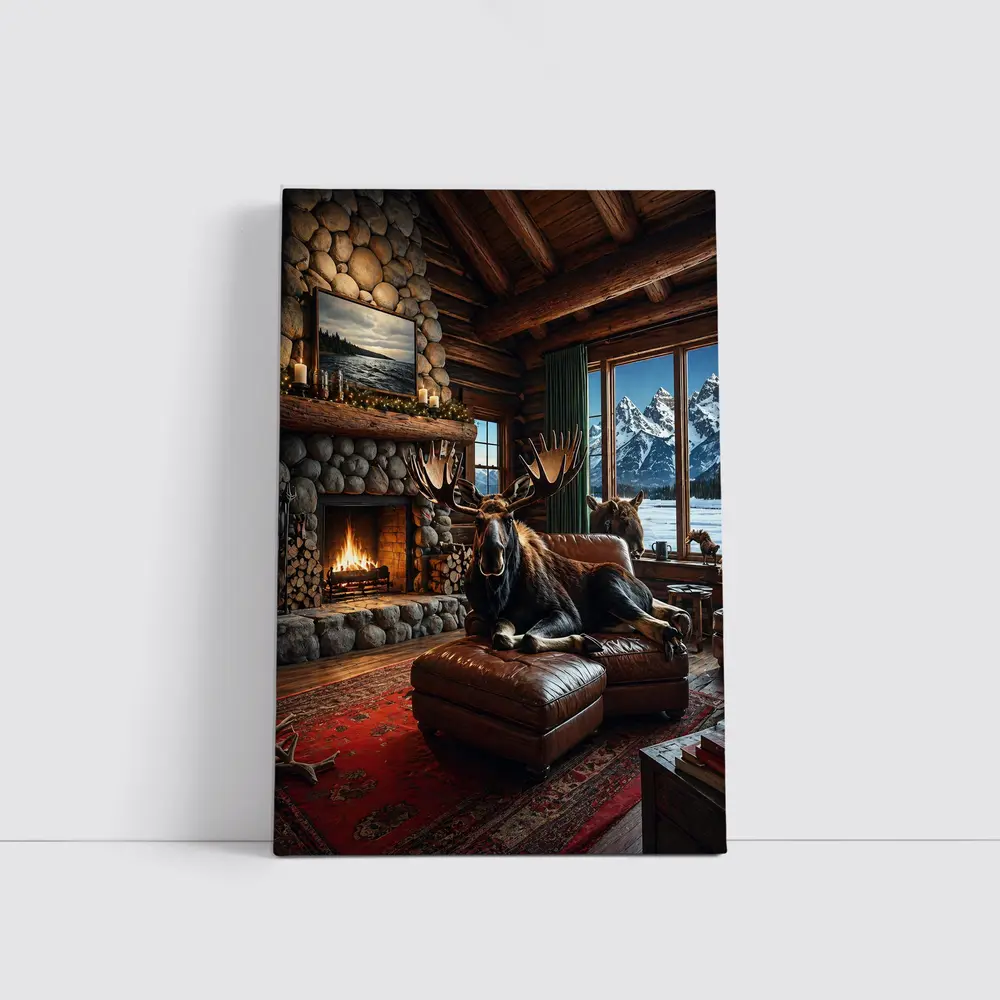 Moose Relaxing By Stone Fireplace Mountain Cabin – Wall Art