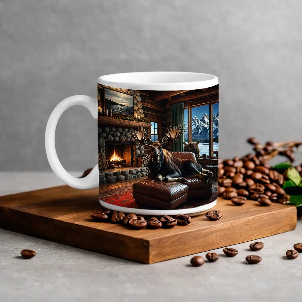 Moose Relaxing By Stone Fireplace Mountain Cabin – Mugs