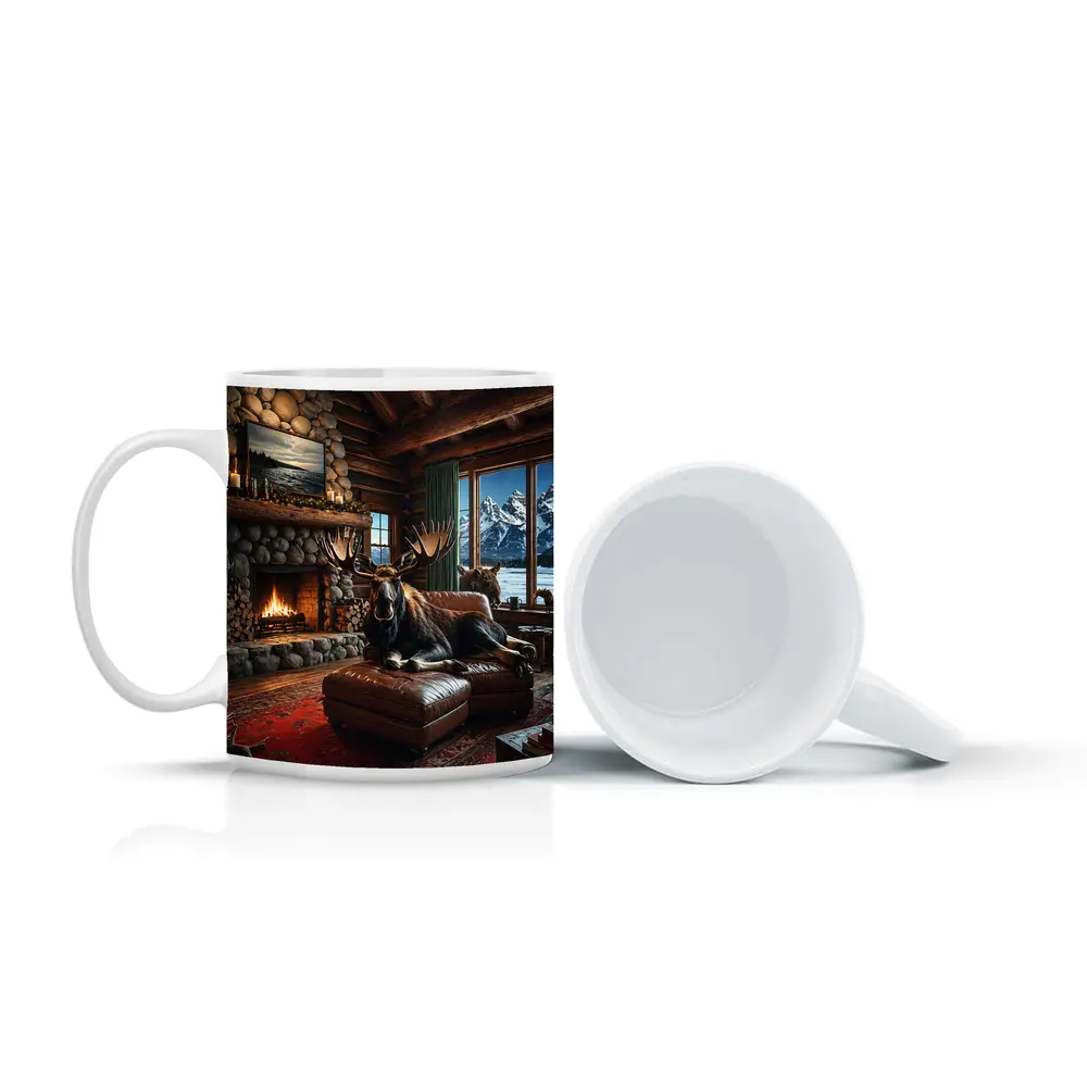 Moose Relaxing By Stone Fireplace Mountain Cabin – Mugs
