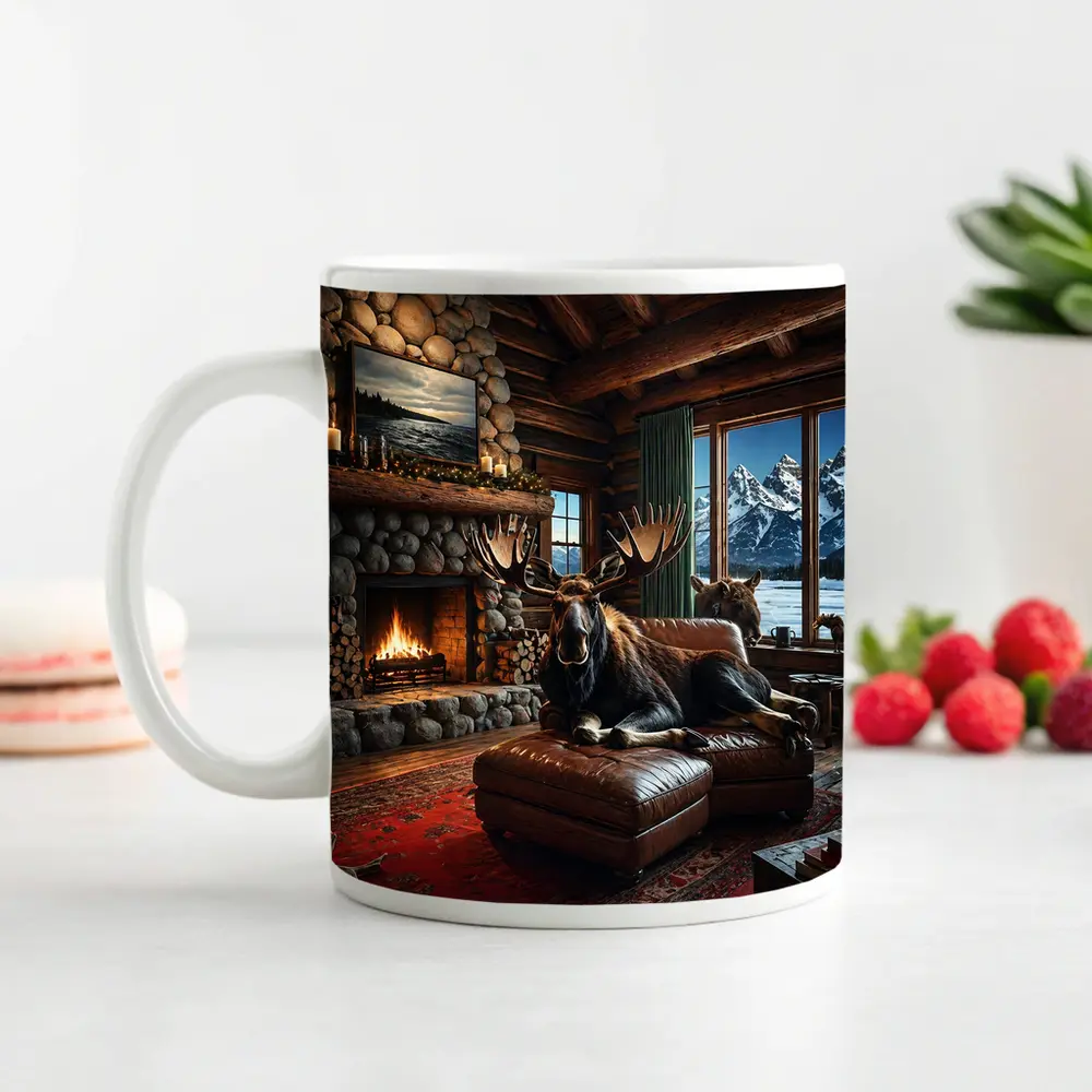 Moose Relaxing By Stone Fireplace Mountain Cabin – Mugs