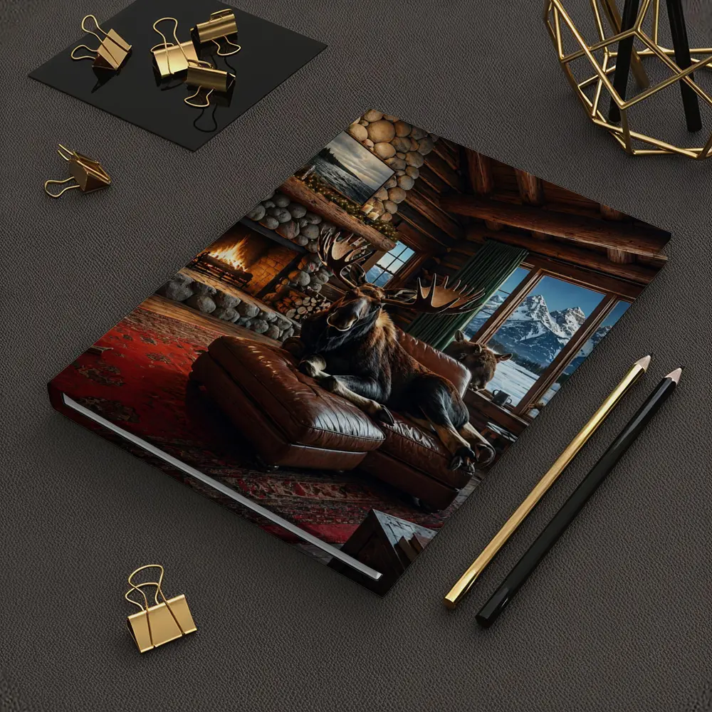 Moose Relaxing By Stone Fireplace Mountain Cabin – Notebooks