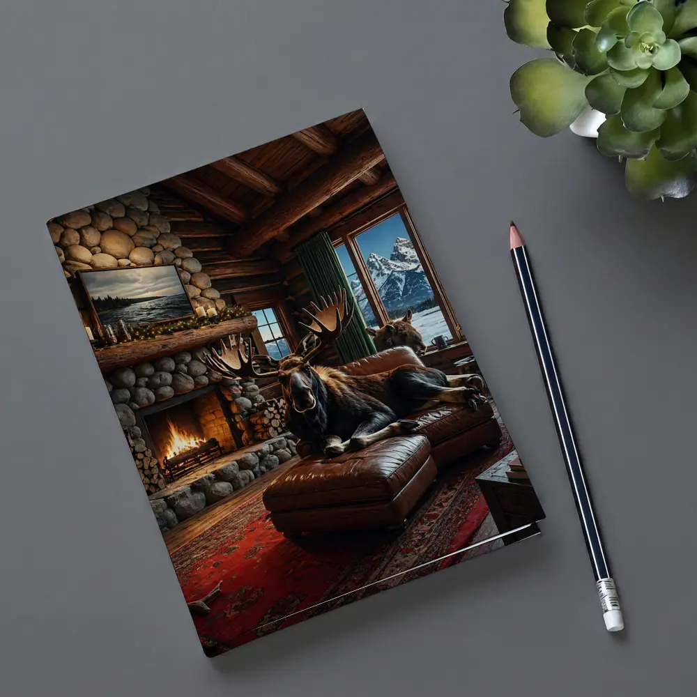 Moose Relaxing By Stone Fireplace Mountain Cabin – Notebooks