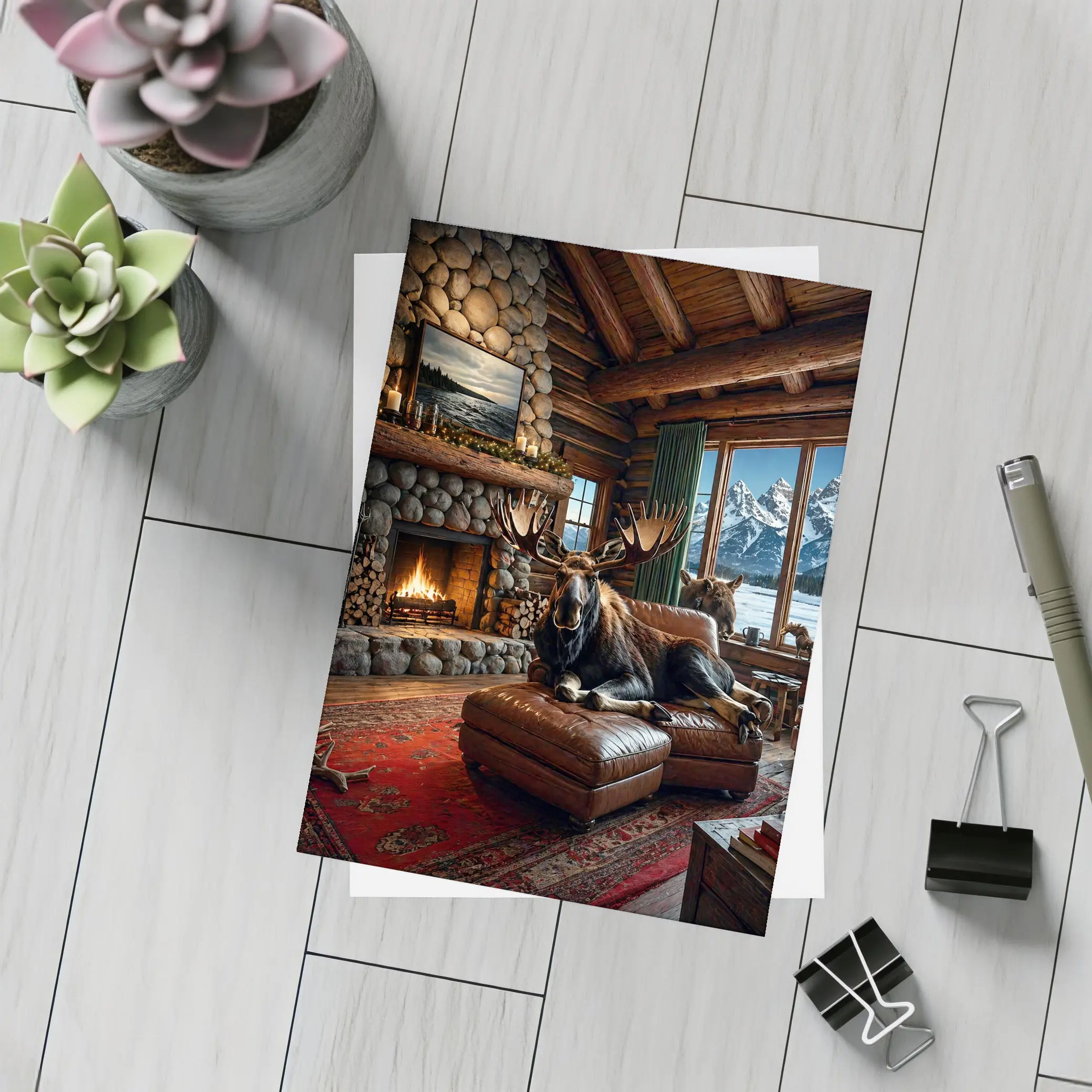 Moose Relaxing By Stone Fireplace Mountain Cabin – Postcards