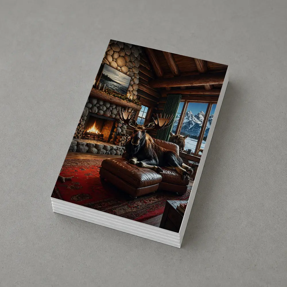 Moose Relaxing By Stone Fireplace Mountain Cabin – Postcards
