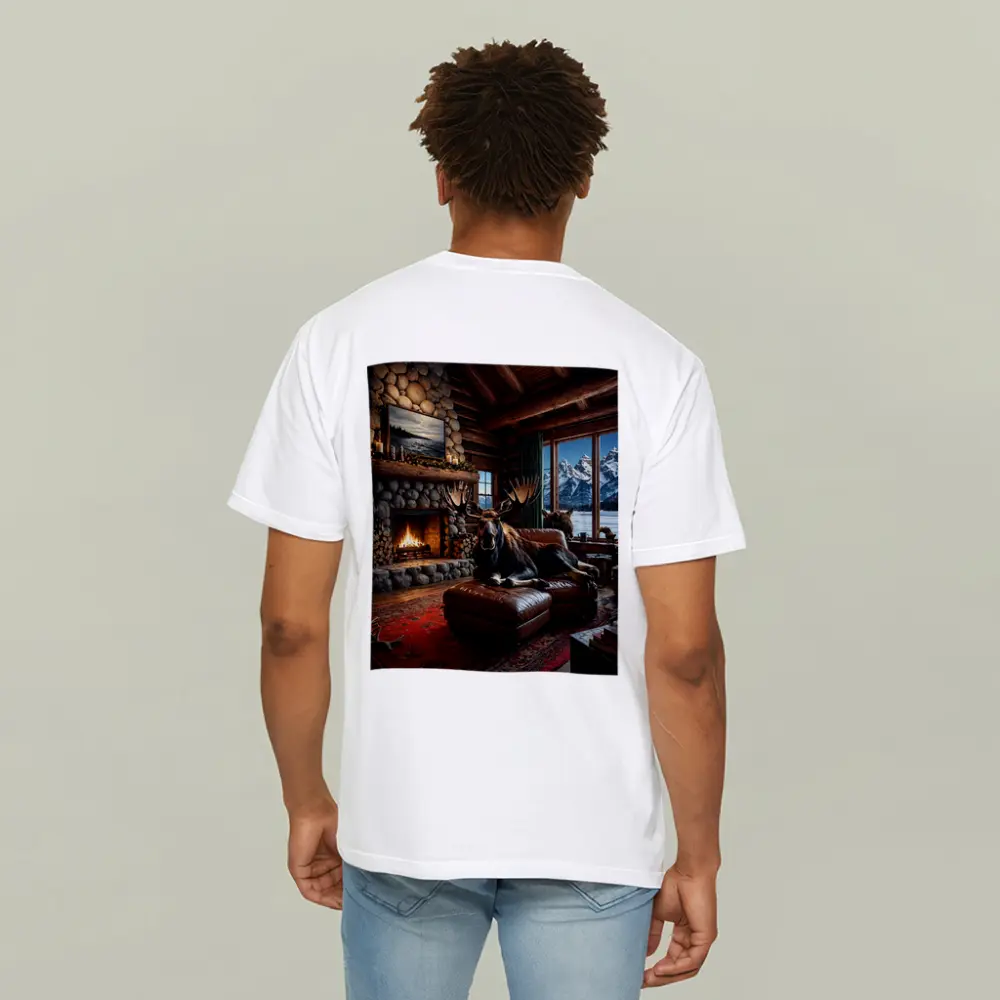 Moose Relaxing By Stone Fireplace Mountain Cabin – T-Shirts
