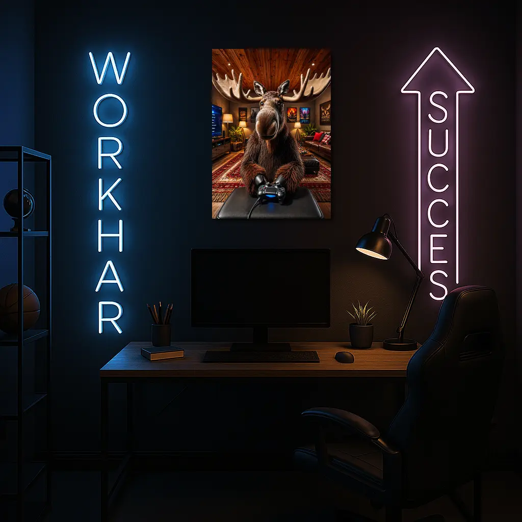 Moose Gamer Sitting In Cozy Gaming Room – Wall Art