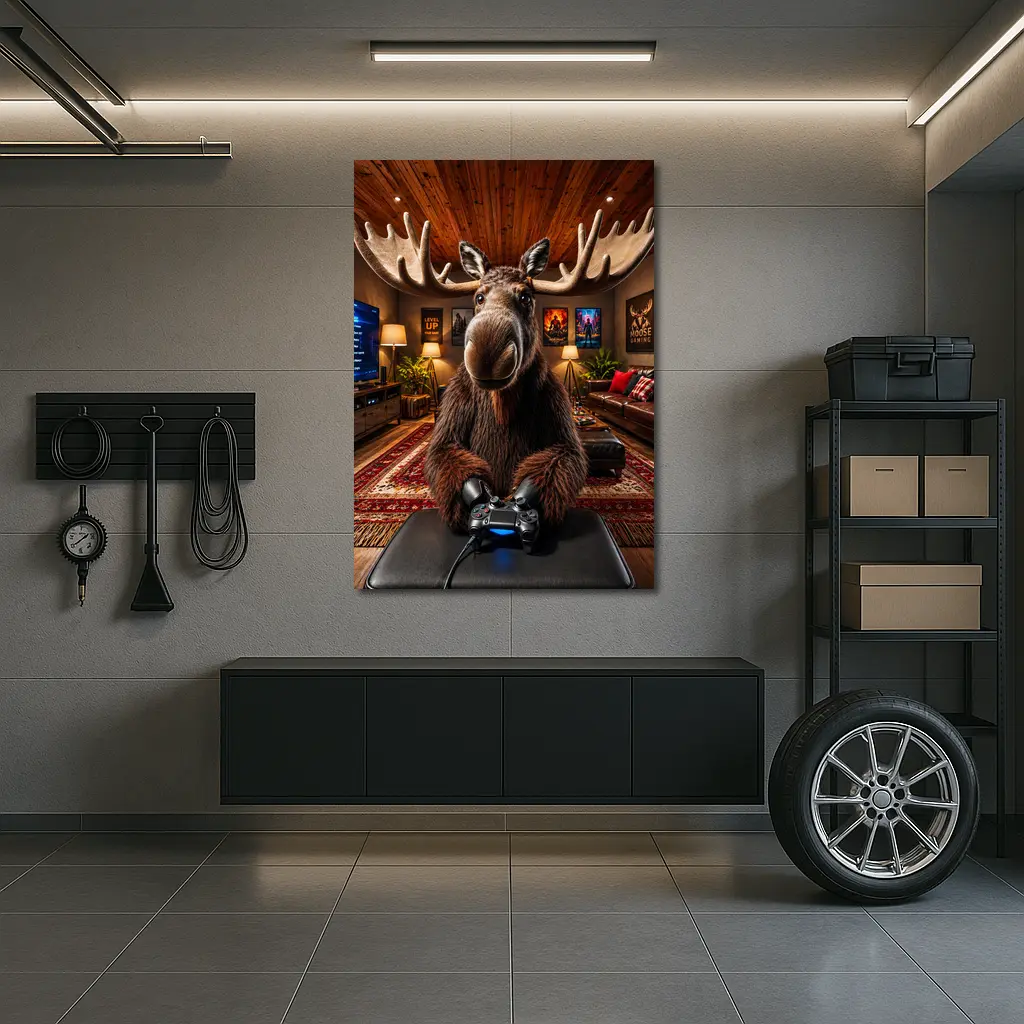 Moose Gamer Sitting In Cozy Gaming Room – Wall Art