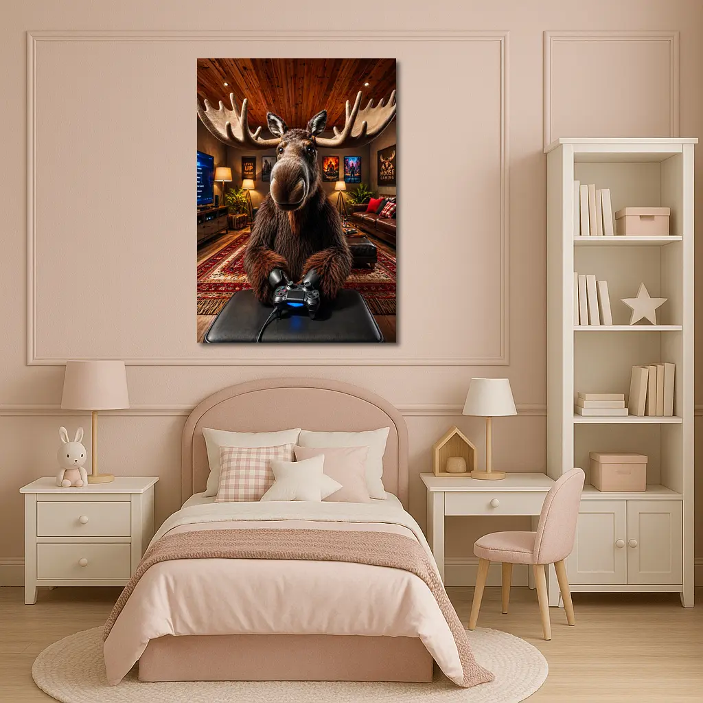 Moose Gamer Sitting In Cozy Gaming Room – Wall Art