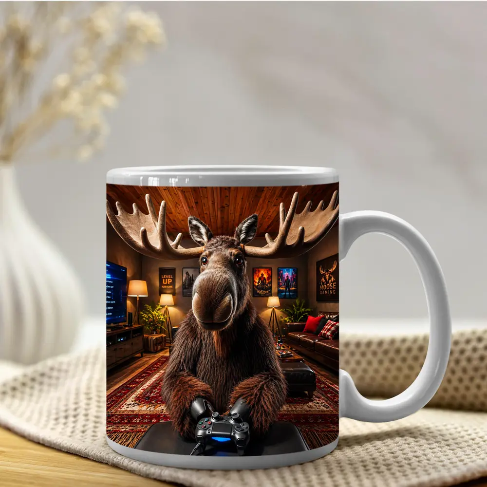 Moose Gamer Sitting In Cozy Gaming Room – Mugs