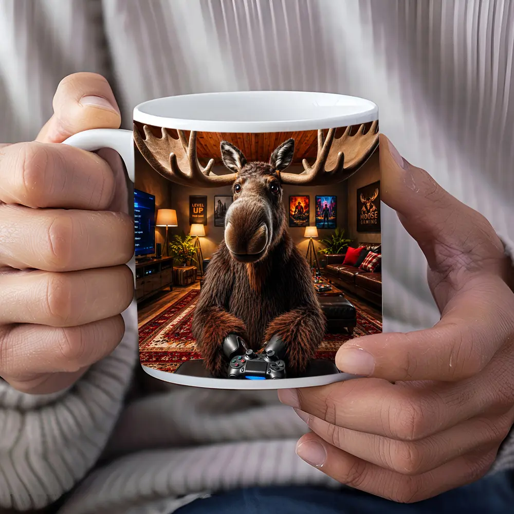 Moose Gamer Sitting In Cozy Gaming Room – Mugs