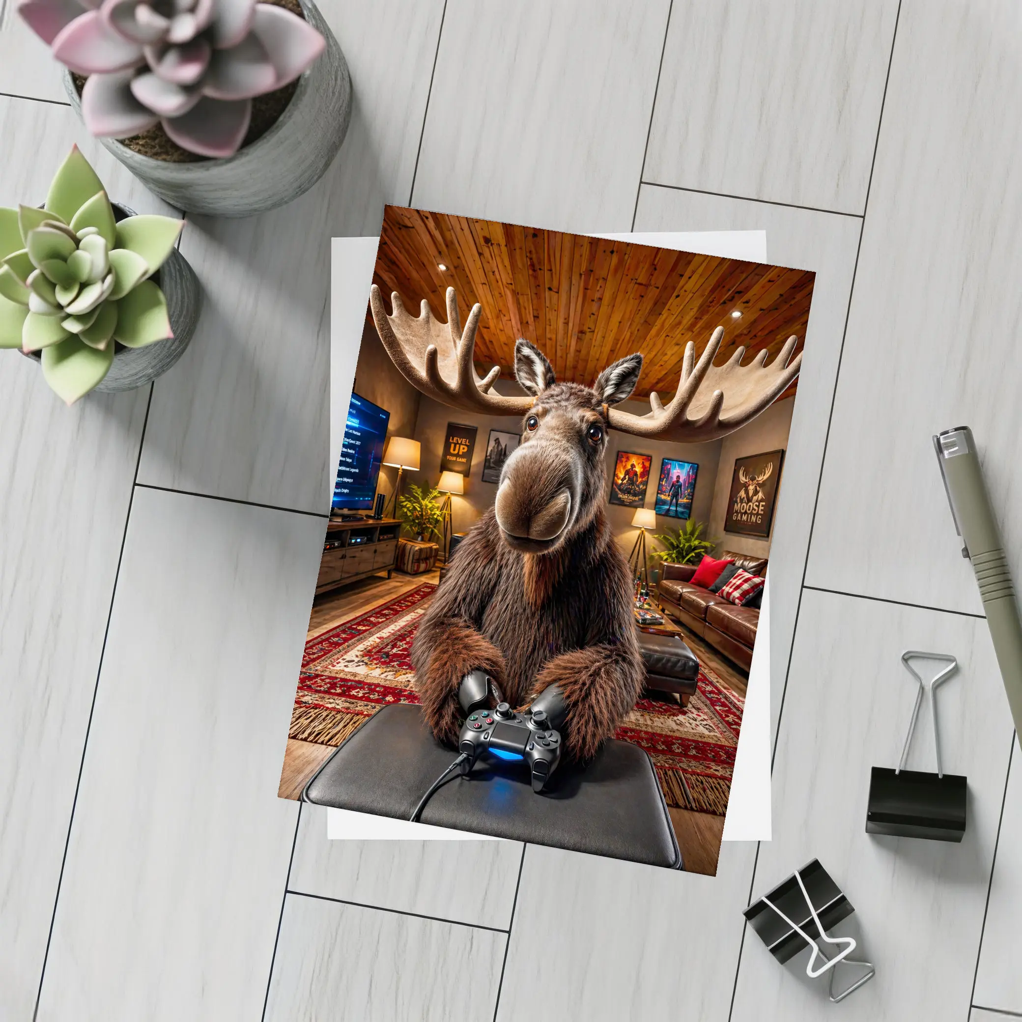 Moose Gamer Sitting In Cozy Gaming Room – Postcards