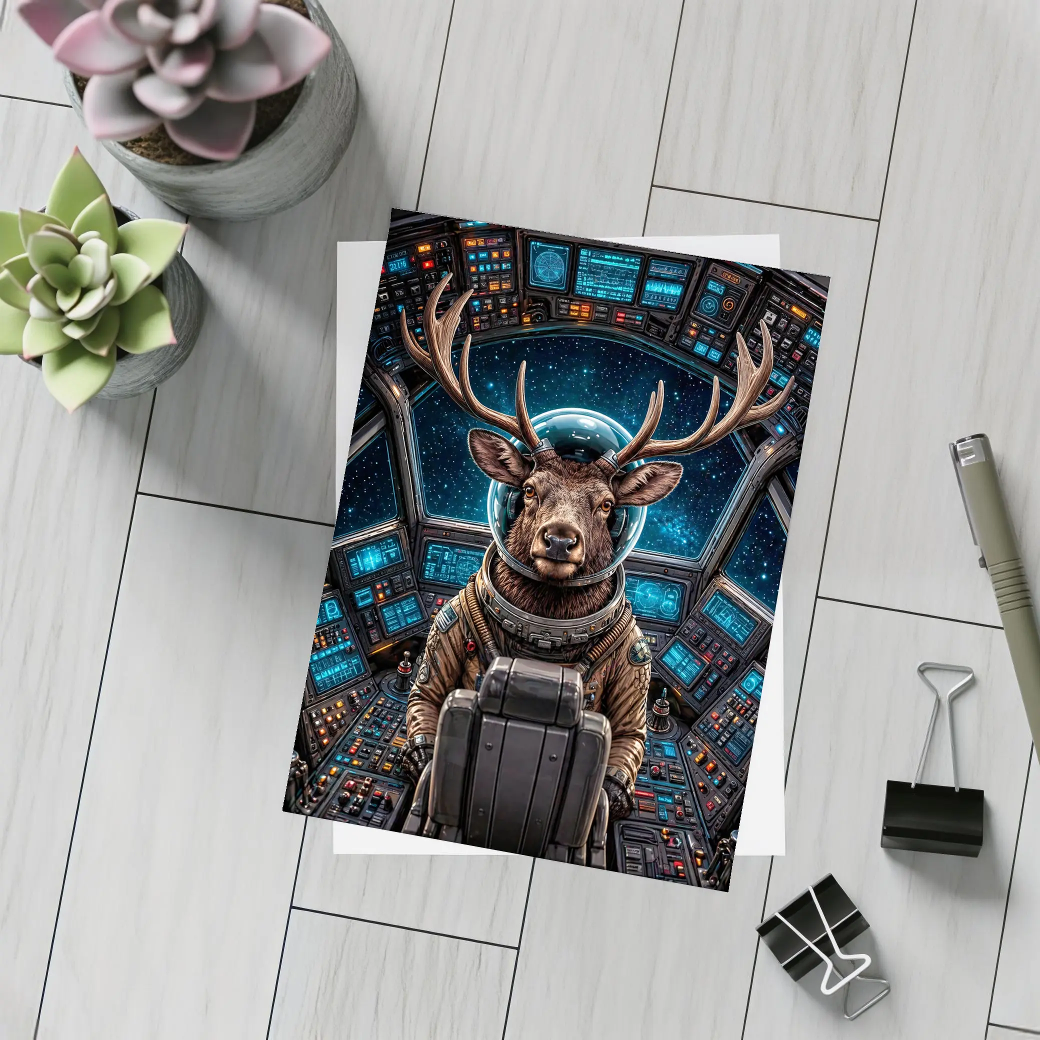 Deer Astronaut In Space Cockpit – Postcards