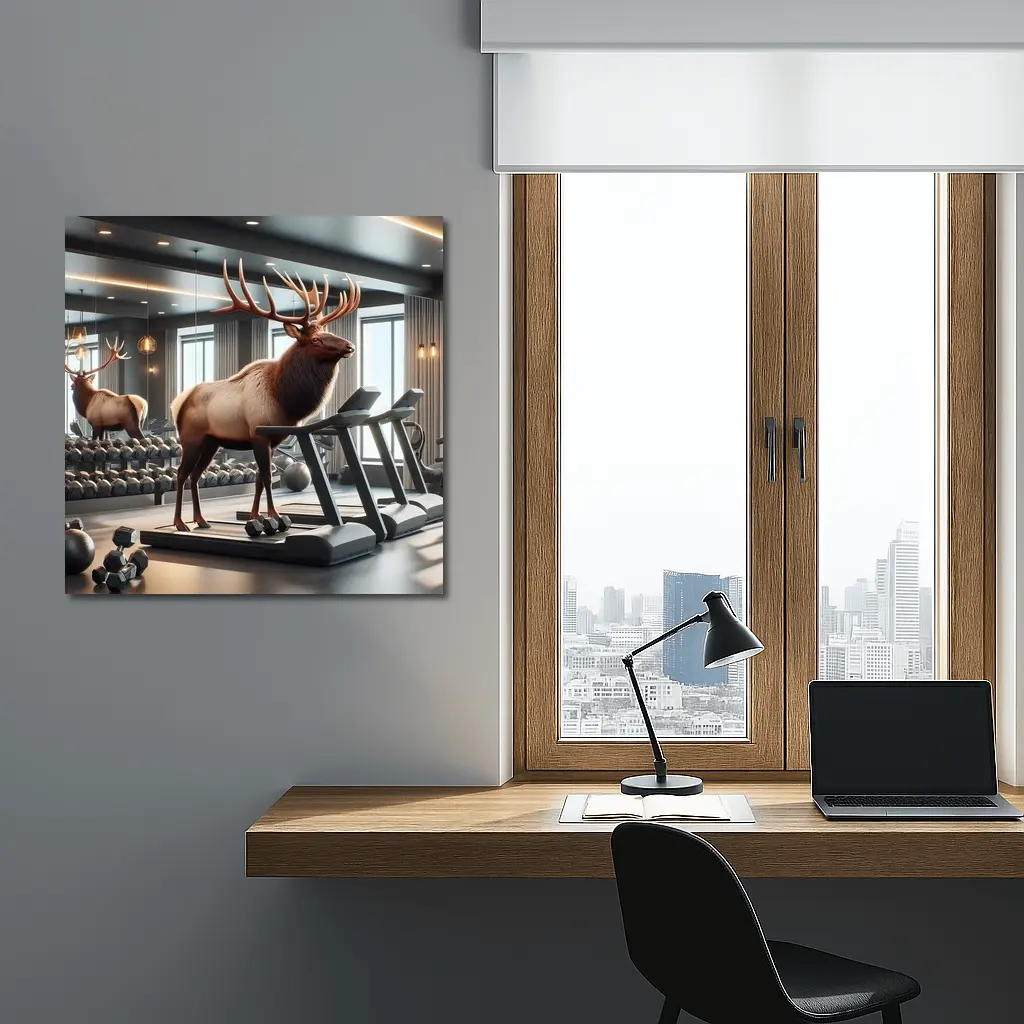 Elk Standing on Treadmill in Gym – Wall Art