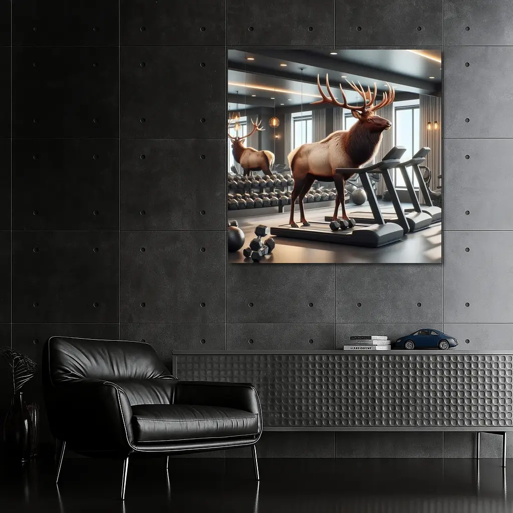 Elk Standing on Treadmill in Gym – Wall Art