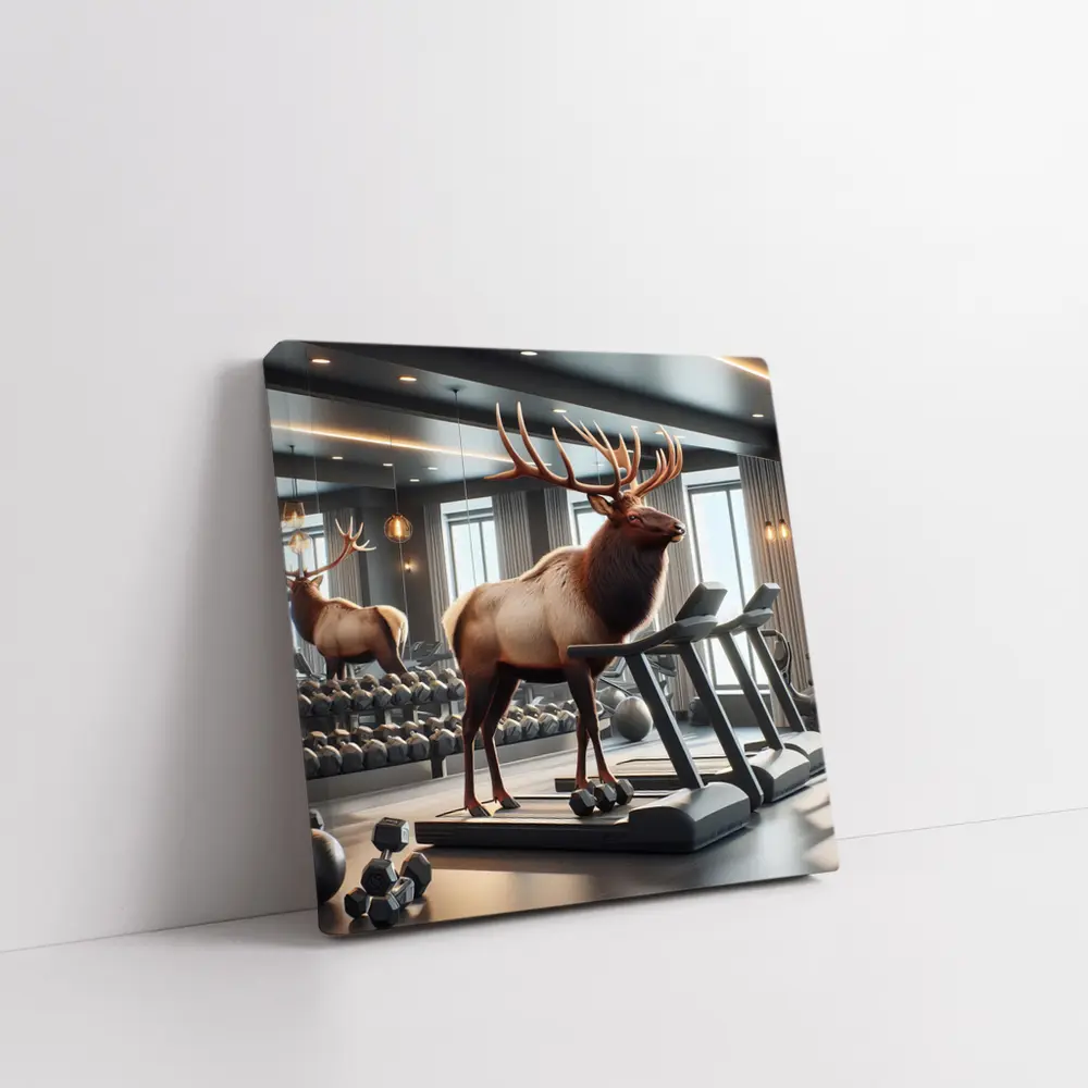 Elk Standing on Treadmill in Gym – Wall Art