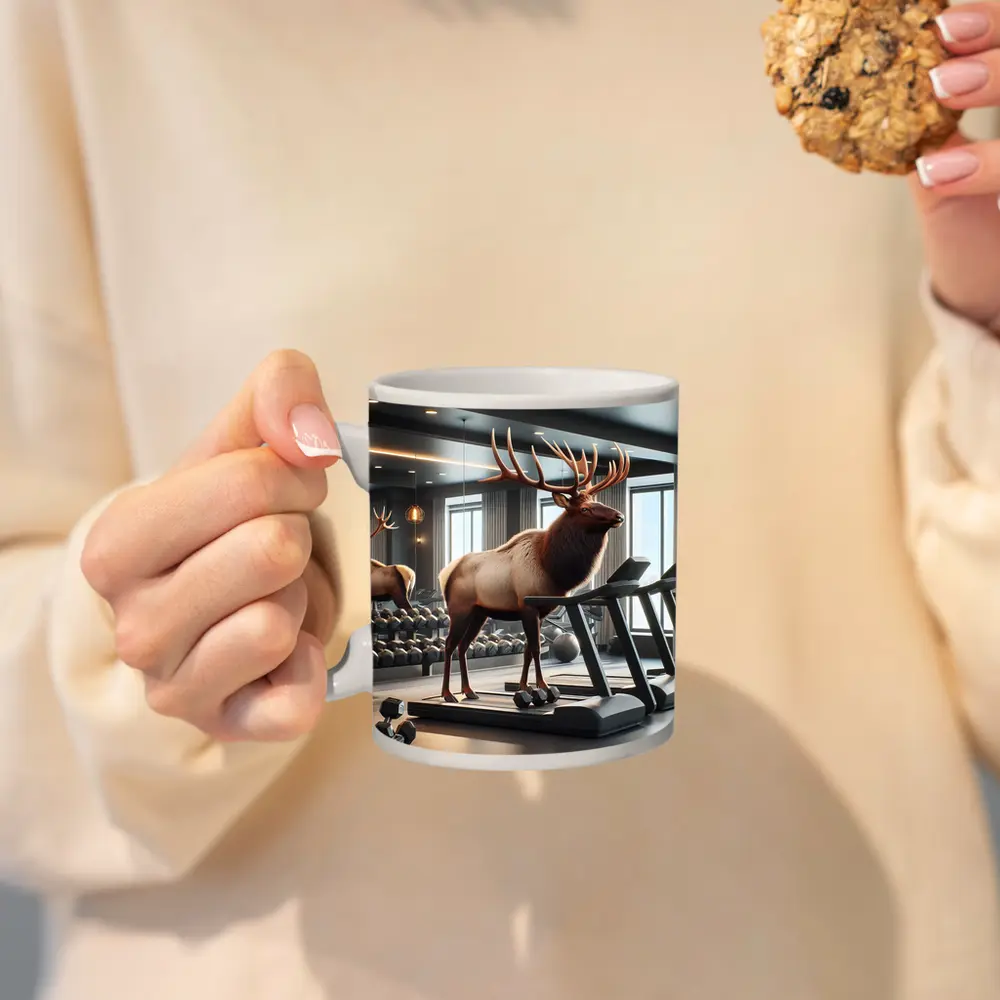 Elk Standing on Treadmill in Gym – Mugs