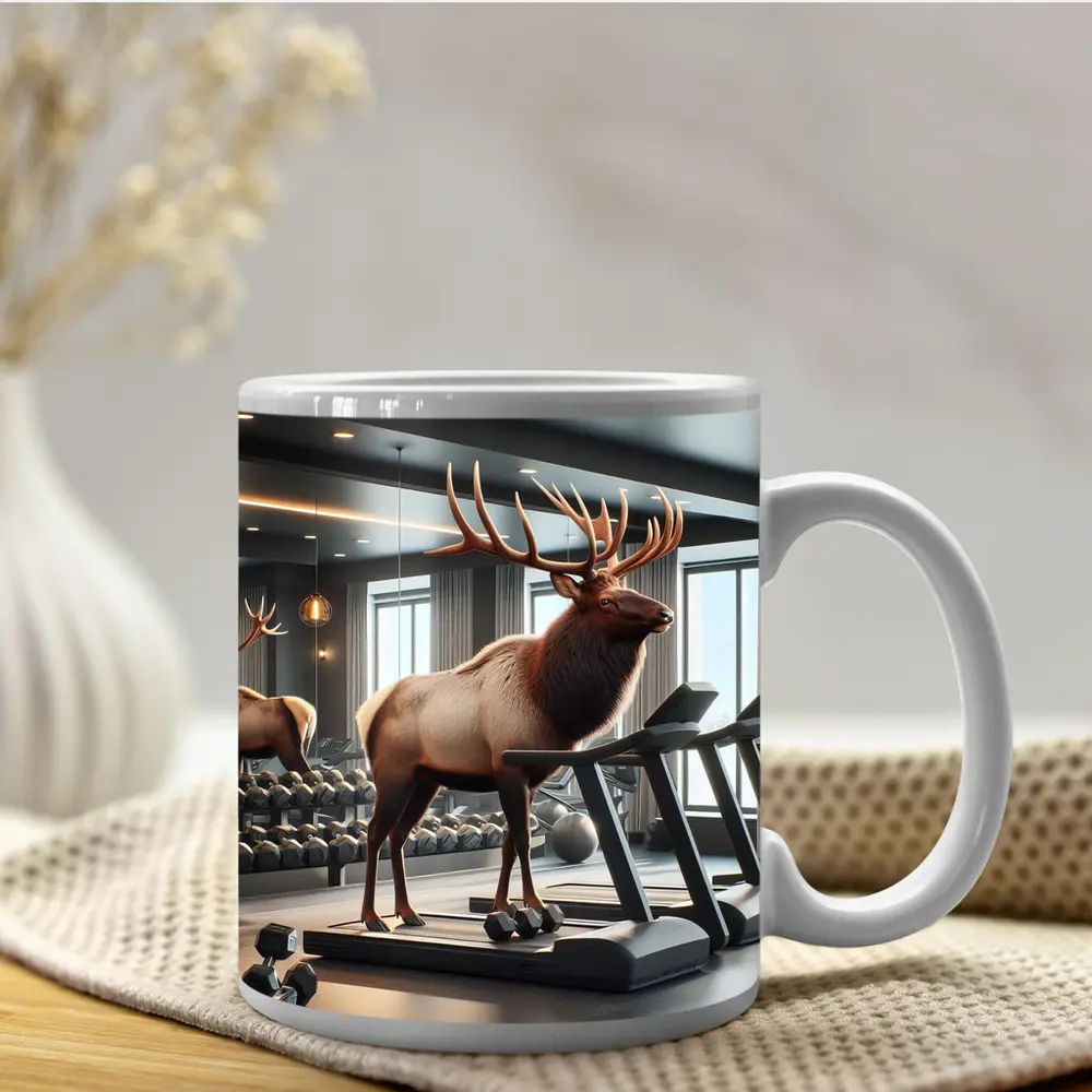 Elk Standing on Treadmill in Gym – Mugs