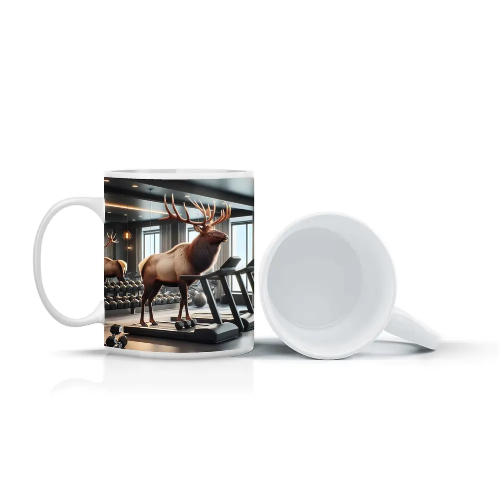 Elk Standing on Treadmill in Gym – Mugs