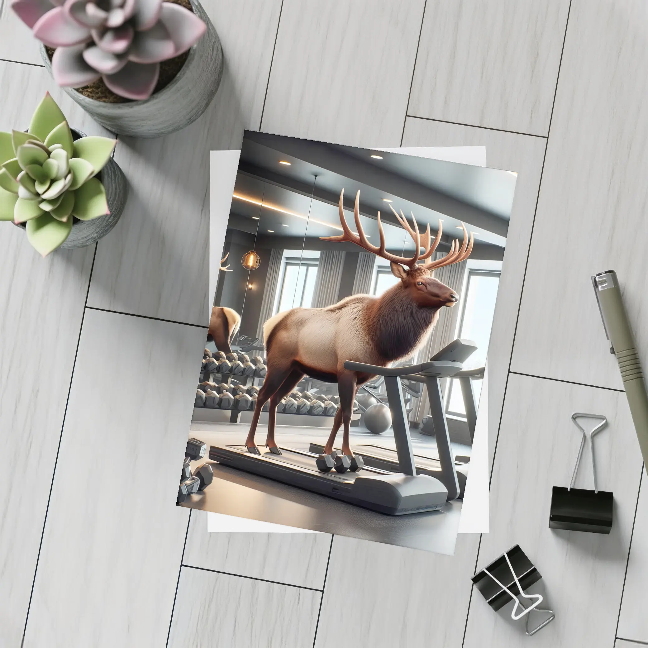 Elk Standing on Treadmill in Gym – Postcards