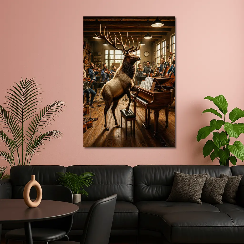 Elk Playing Piano With Orchestra Musicians – Wall Art