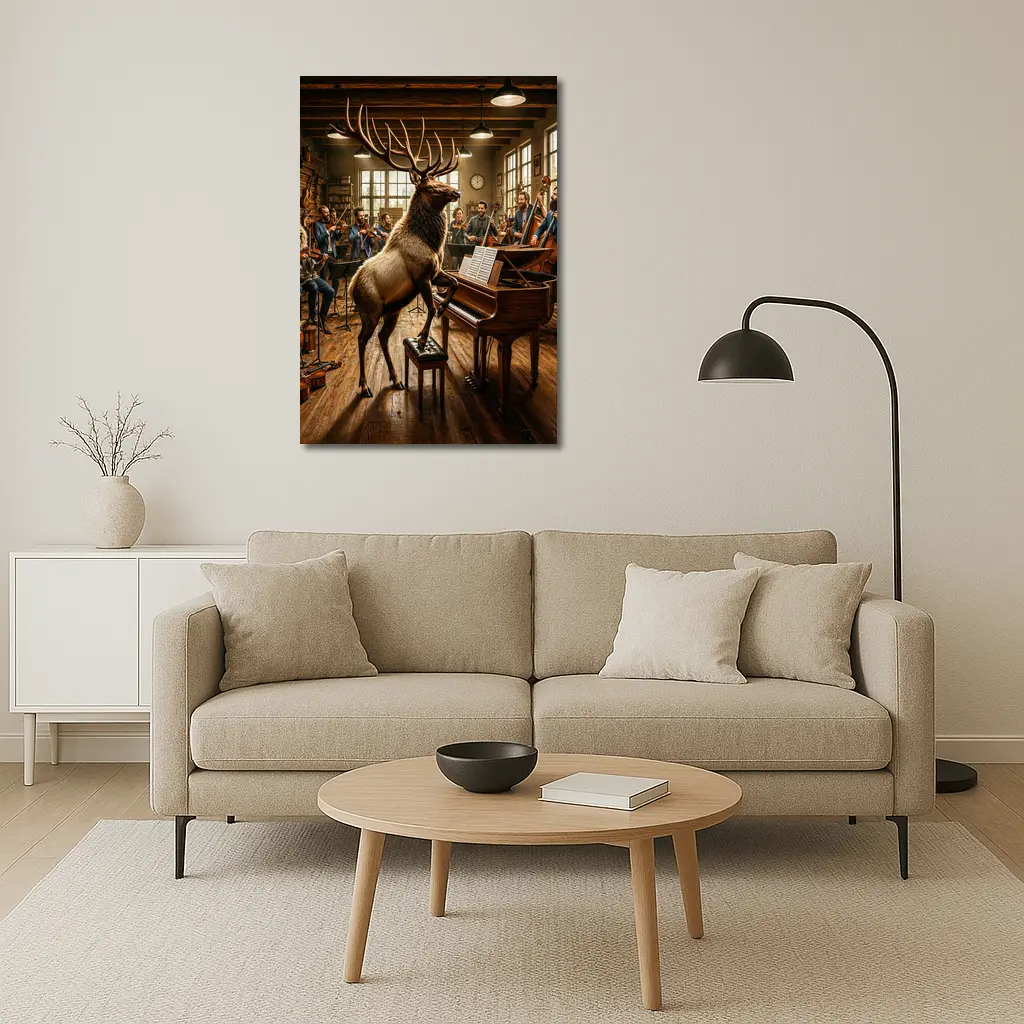 Elk Playing Piano With Orchestra Musicians – Wall Art