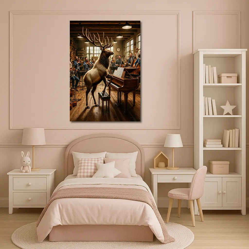 Elk Playing Piano With Orchestra Musicians – Wall Art