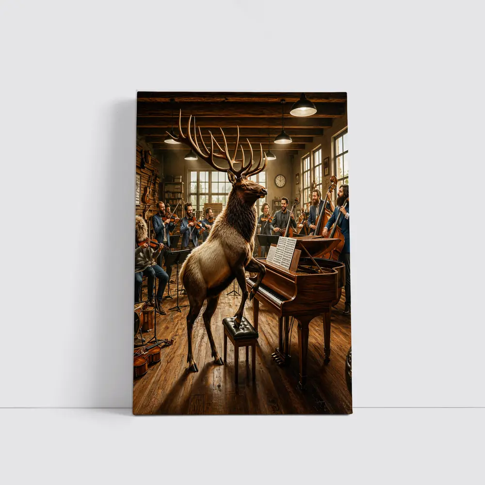 Elk Playing Piano With Orchestra Musicians – Wall Art