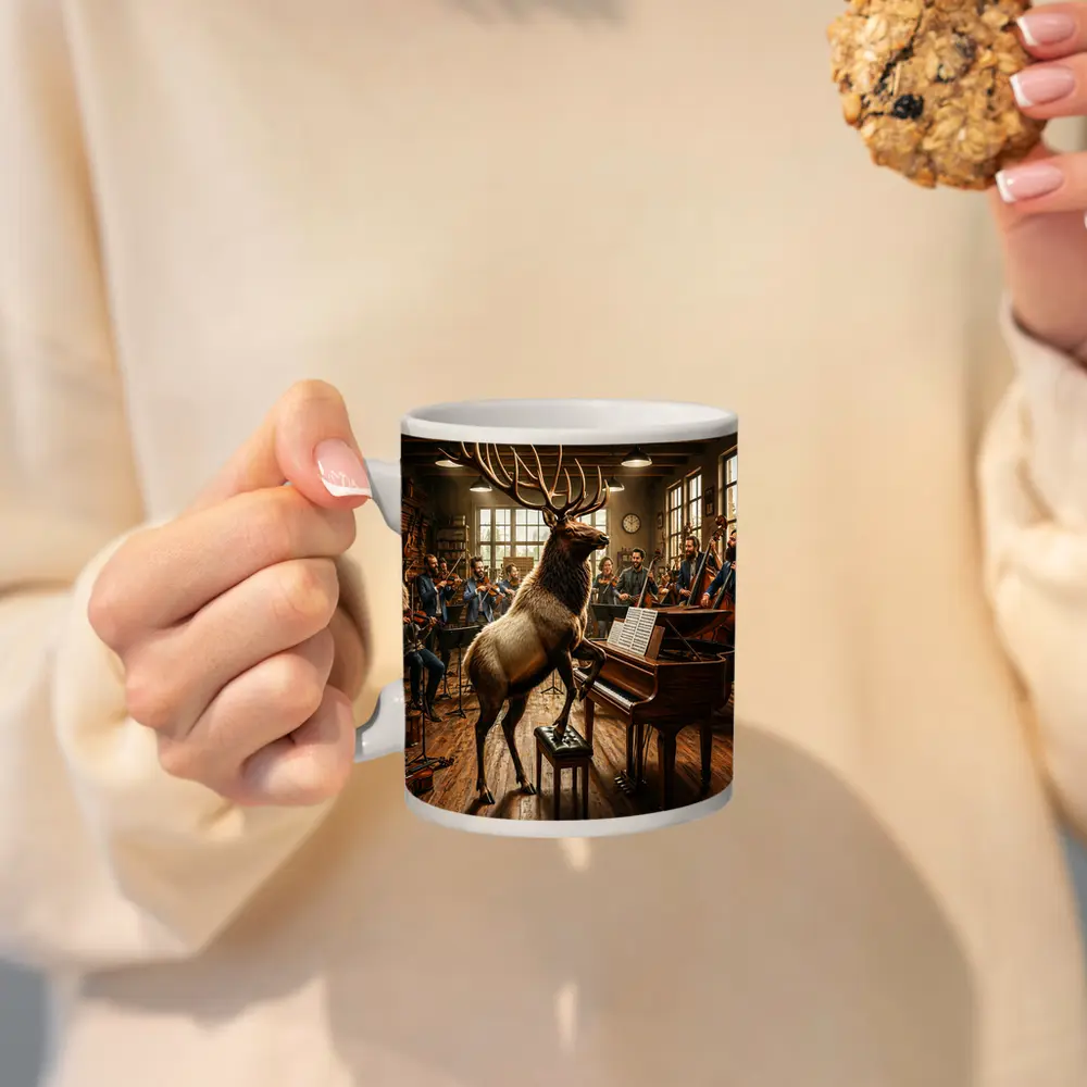 Elk Playing Piano With Orchestra Musicians – Mugs