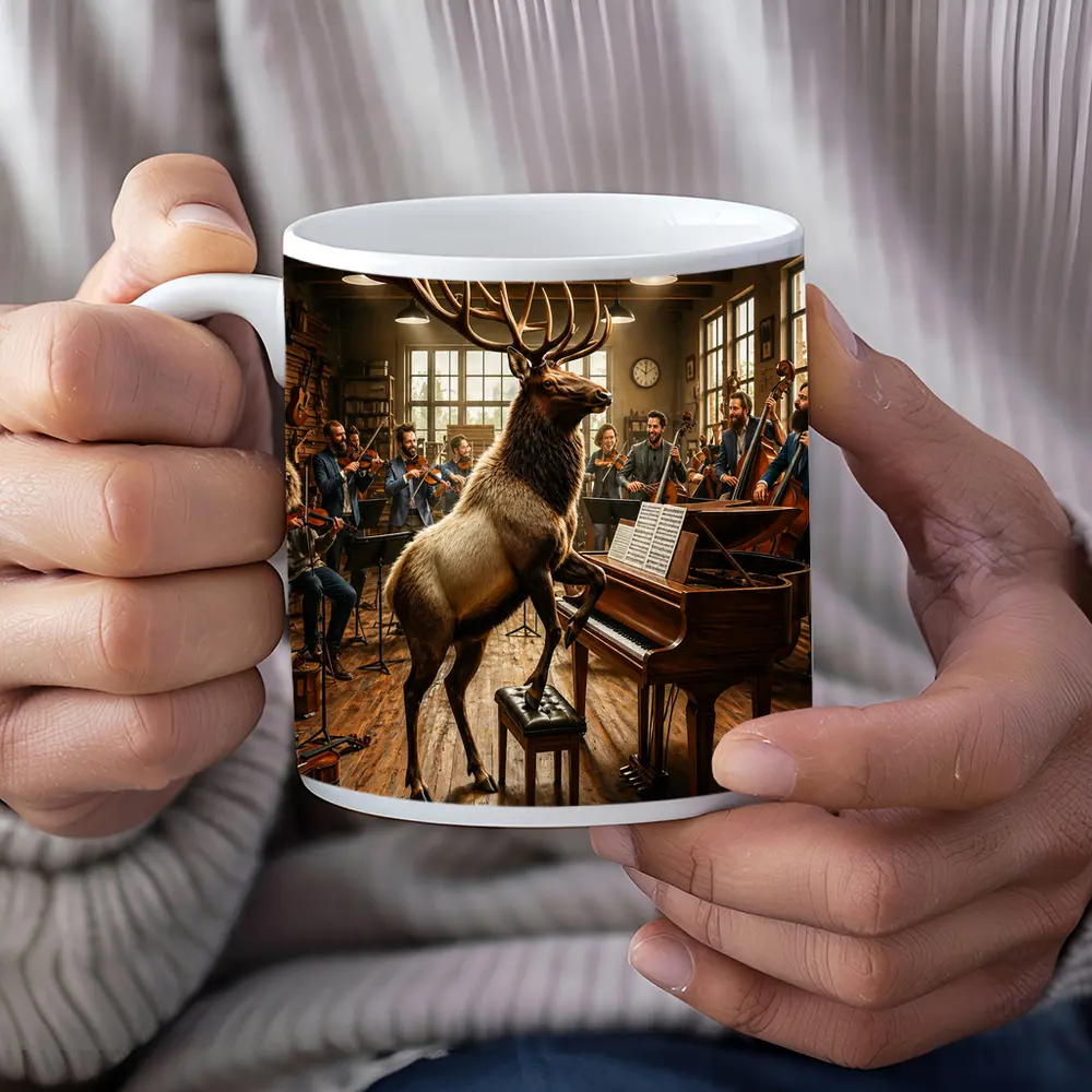 Elk Playing Piano With Orchestra Musicians – Mugs