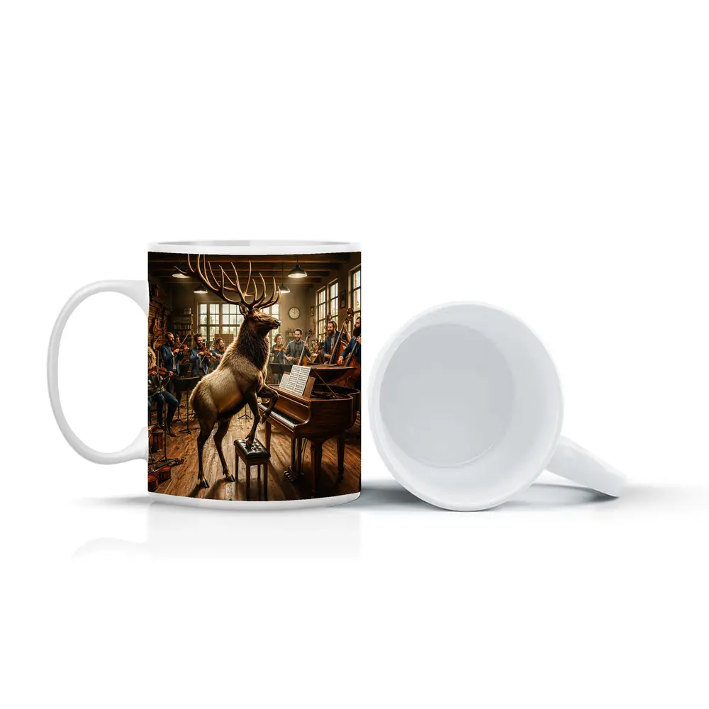Elk Playing Piano With Orchestra Musicians – Mugs