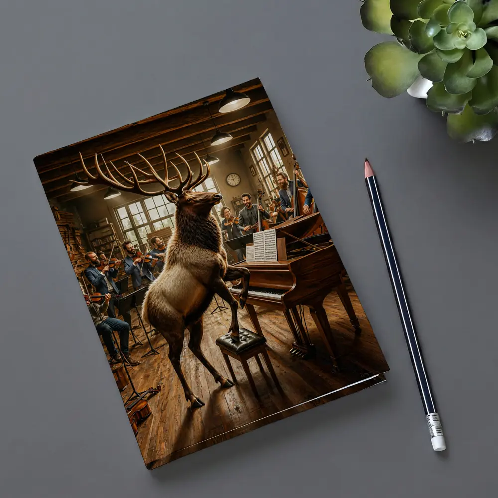 Elk Playing Piano With Orchestra Musicians – Notebooks
