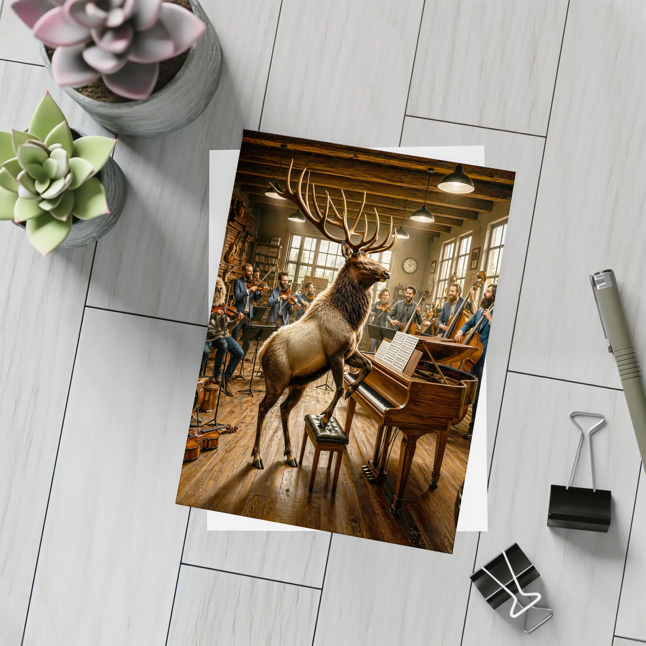 Elk Playing Piano With Orchestra Musicians – Postcards