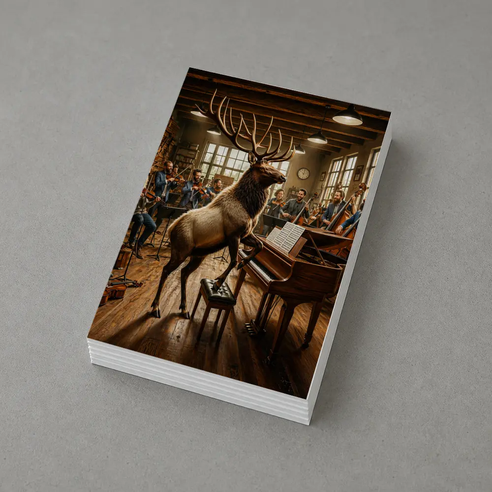 Elk Playing Piano With Orchestra Musicians – Postcards