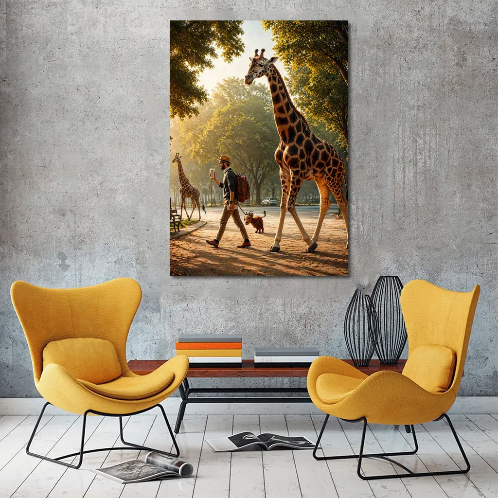 Man Walking Giraffe In Sunny Park – Wall Art